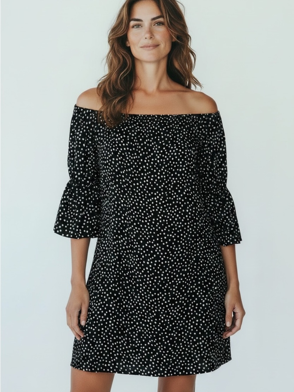 Lauren Ralph Lauren Black White Polka Dot Dress Off Shoulder Bell Sleeve Lined